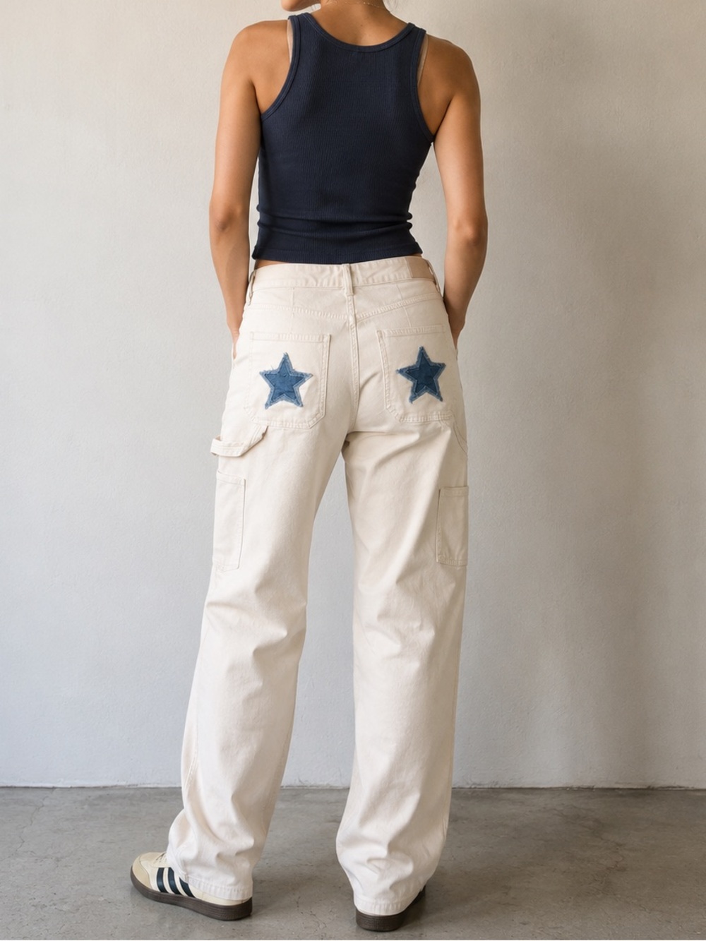 Wilfred Aritzia Cream Straight-Leg Jeans with Blue Star Patches